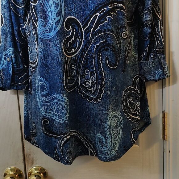 New Directions 3/4 Puff Sleeve Paisley Print Split Neck Tunic Sz M - Picture 2 of 6